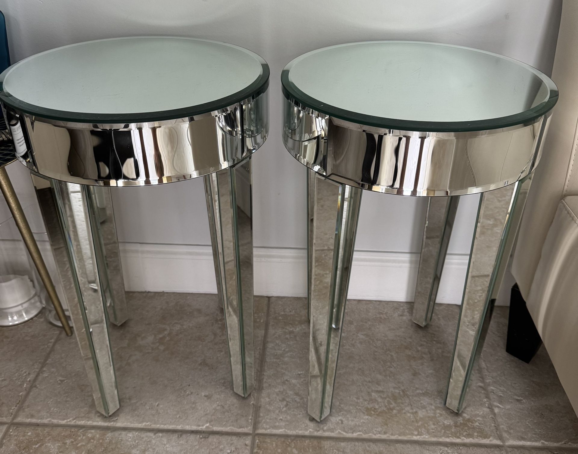 Two Mirrored Round End Tables