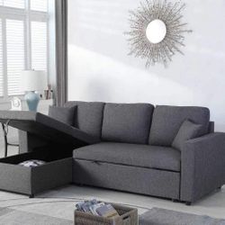 Brand New 99" x 61" Gray Or Black Fabric Convertible Sectional With Storage
