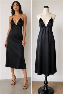 ZARA Black Satin Dress Chain Strap Midi Size M Elegant