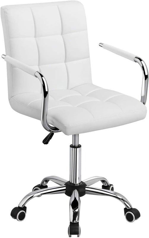 White Desk Chairs with Wheels/Armrests Modern PU Leather Office Chair Midback Adjustable Home Comput