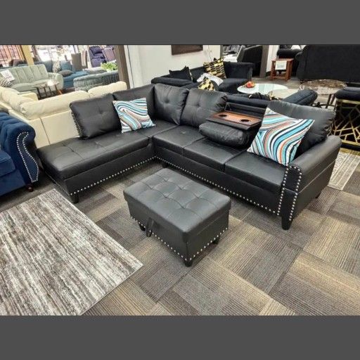 Black faux leather 3 pc sectional sofa with ottoman