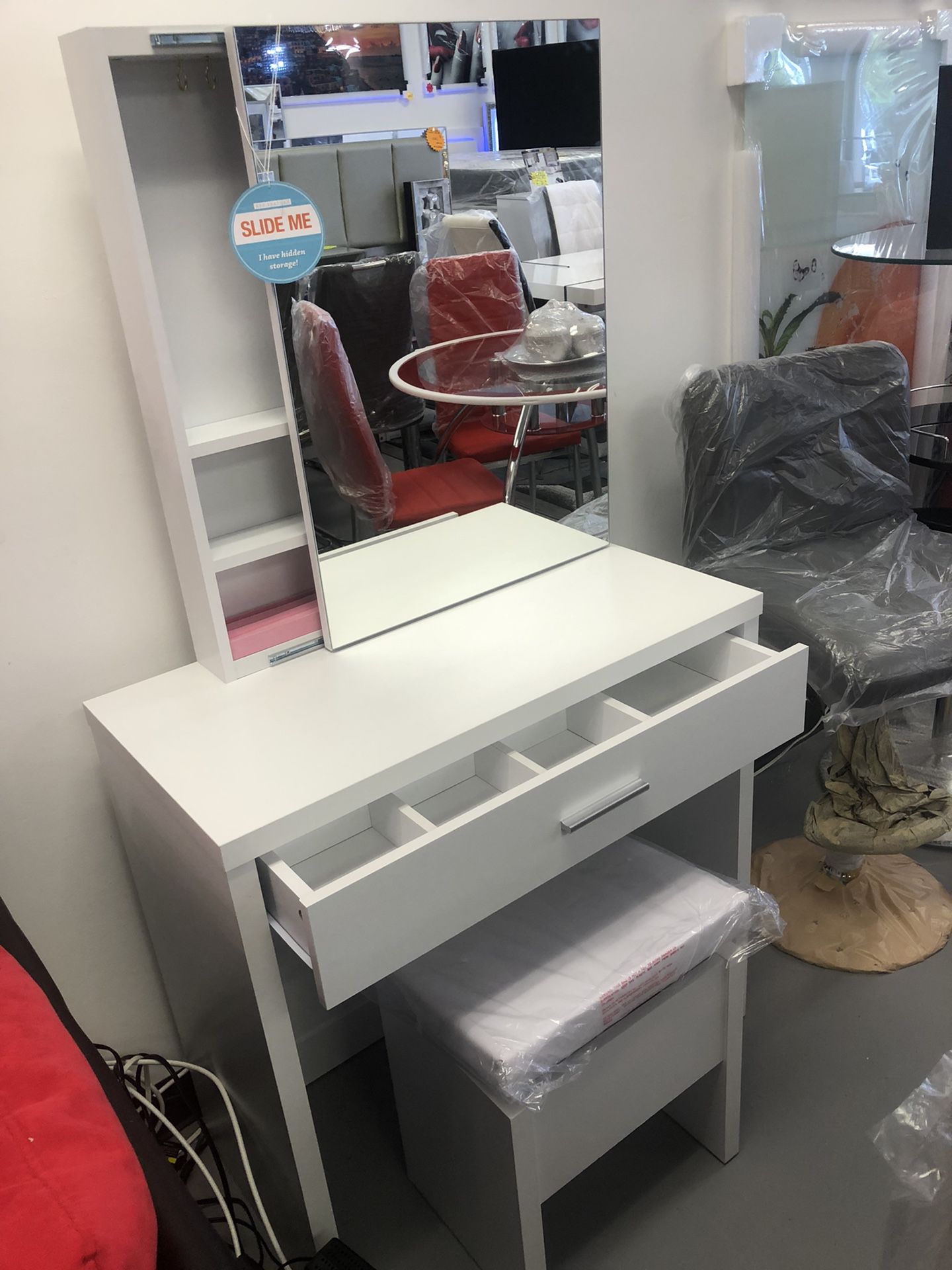 New White Vanity With Storage Mirror And Storage Stool Included