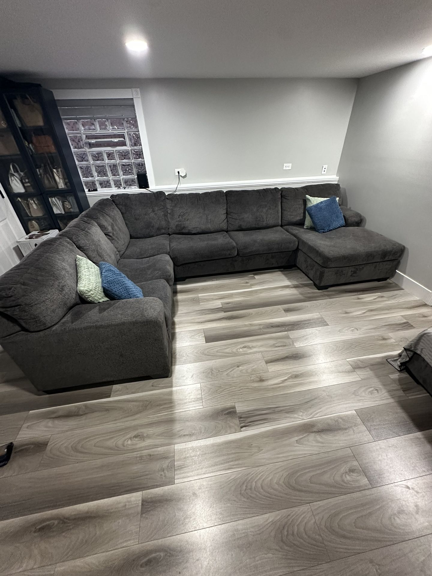 Couch For Sale- Large Gray Sectional L-Shaped With Pillows.