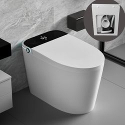 Rear Outlet Smart Toilet With Bidet Seat, Auto Open & Close, Auto Flush, Heated Seat, Warm Water and Dryer, Night Light, Side Knob, White with Black P