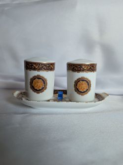 T. Limoges "Bacchus" Porcelain Salt & Pepper Set with Tray – Designed in France, Brand New