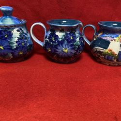 Set Of 3 Hand Painted Blue Greek Ceramic Milk/Sugar Set Imported From Greece