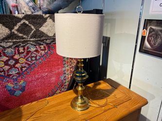 Brass and Teal Table Lamp with White Shade