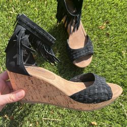 Minnetonka Black LeatherFringe Wedge Heels