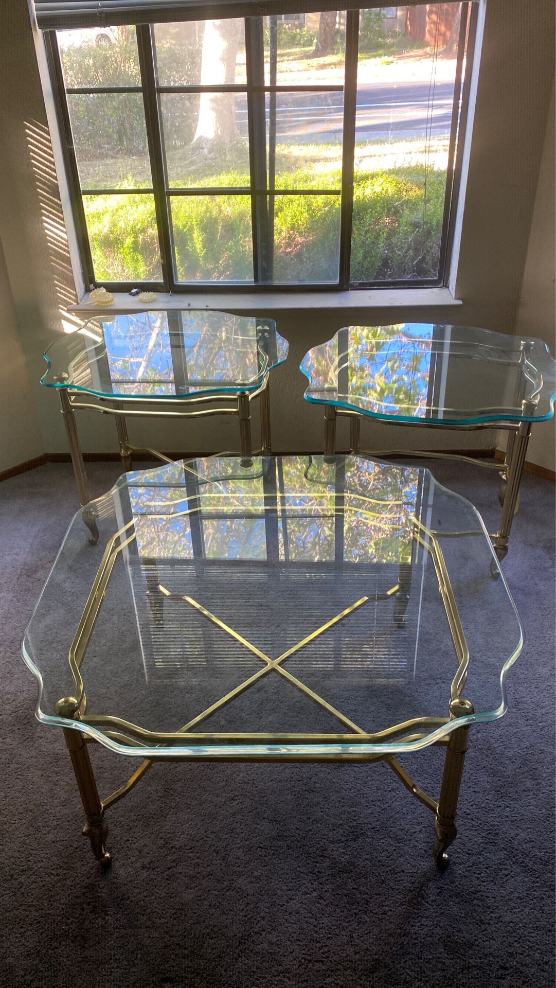 Coffee and End tables. Solid gold. Very thick glass.