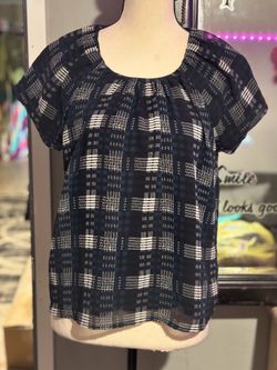 Forever 21 Navy Blue White Plaid Sheer Blouse Top Exposed Back Zipper Small
