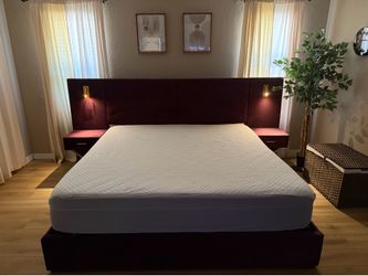 Luxurious King Platform Bed Frame, Velvet Upholstered Headboard with 2 Built-in Wall Sconces & Nightstands, Sturdy Metal & Solid Wood Frame, Squeak-Fr