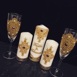 Personalized Decorative candles and wine glasses set custom made on order