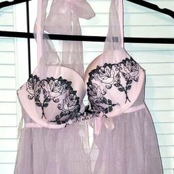 Victoria’s Secret Negligee Nightgown Lingerie Pink Lace 2 Piece Set 36C/Lg