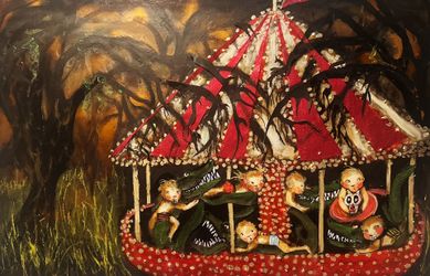 Swamp Kids On Carousel Riding Crocodiles Painting
