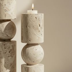 Travetine Stone Dual Candle Holders Set of 2