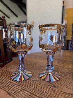 2 Mackenzie Childs FOXTROT 6 1/2” Wine Glass, Some Gold Gild Worn On 1 Glass