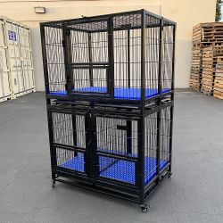 New in box $370 Stacking Dog Cage (Set of 2) Heavy Duty 41x31x65” Crate Kennel w/ Plastic Tray, Wheels 