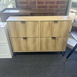 Shoe Cabinet Storage for Entryway Slim Modern Shoe Rack Cabinet with 4 Flip Drawers Tipping Wooden Narrow Shoe Cabinet