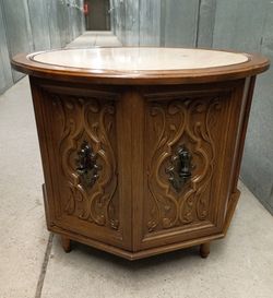 Mid-Century Octagon Side End Table Marble Top & Storage game table Rococo wood cammode