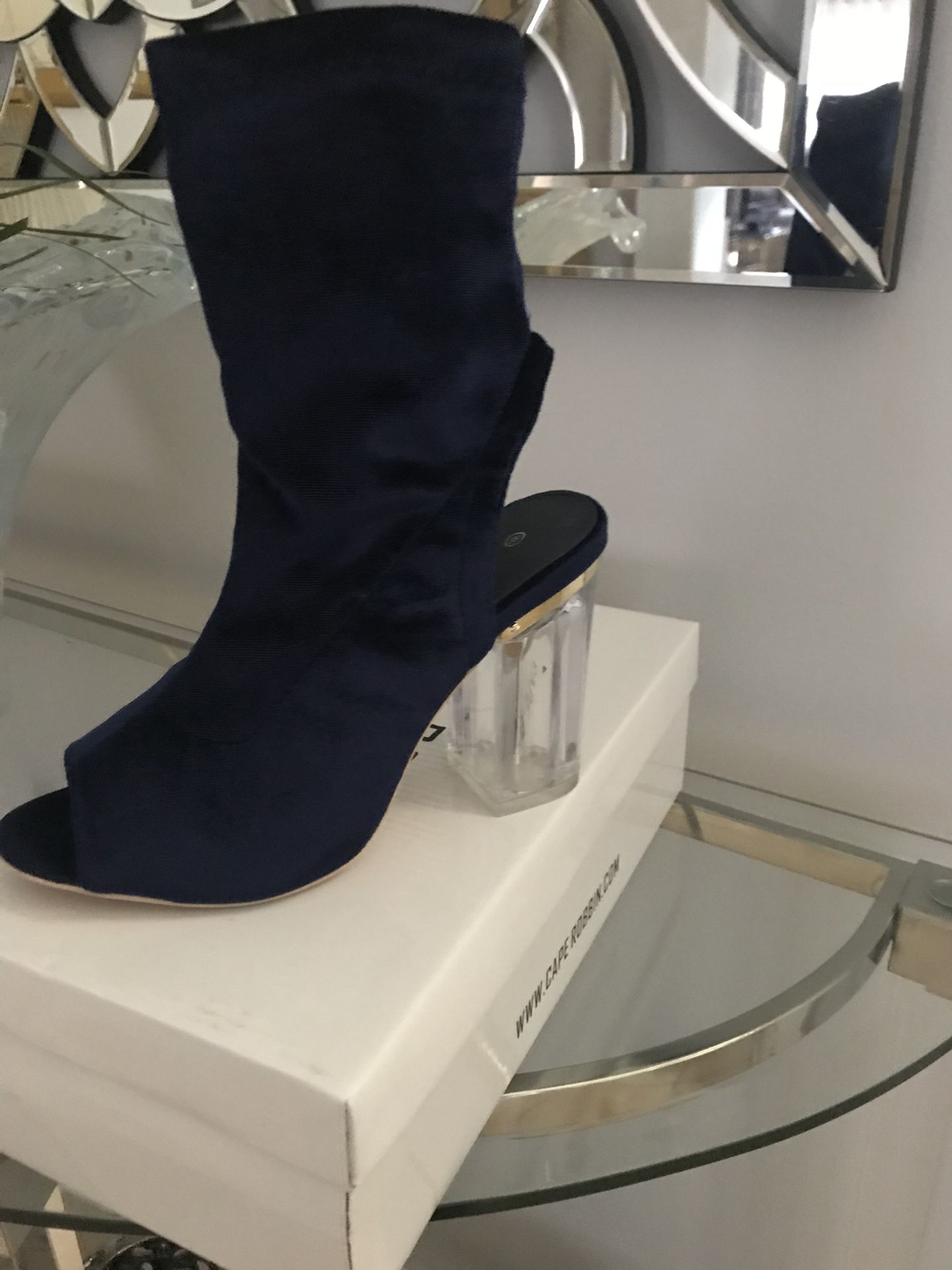 Brand New Dark Blue Bootie Clear Block Heels Size 6.5