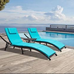 Lounge Chairs for Outside 3 Pieces Patio Adjustable Chaise Lounge Outdoor Wicker Lounge Chairs Set of 2 with Table Folding Chaise Lounger for Poolside