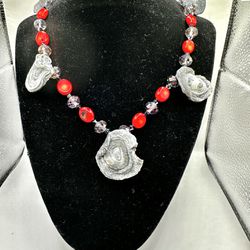 Lava Volcano Medallion Pendant and Red Coral Beaded Necklace w/Crystal Beads 17"