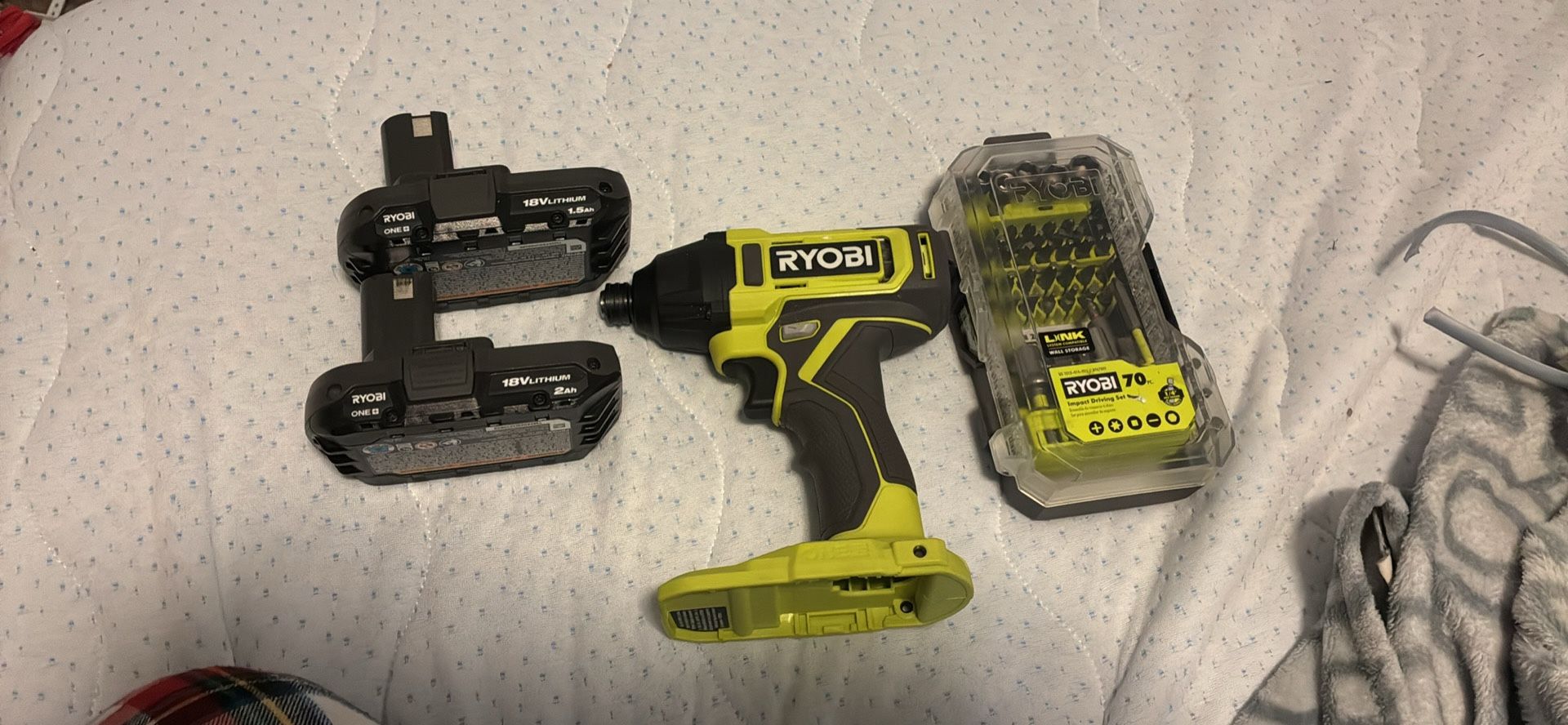 Ryobi Impact Drill With Bit Set, Charger And 3 Batteries
