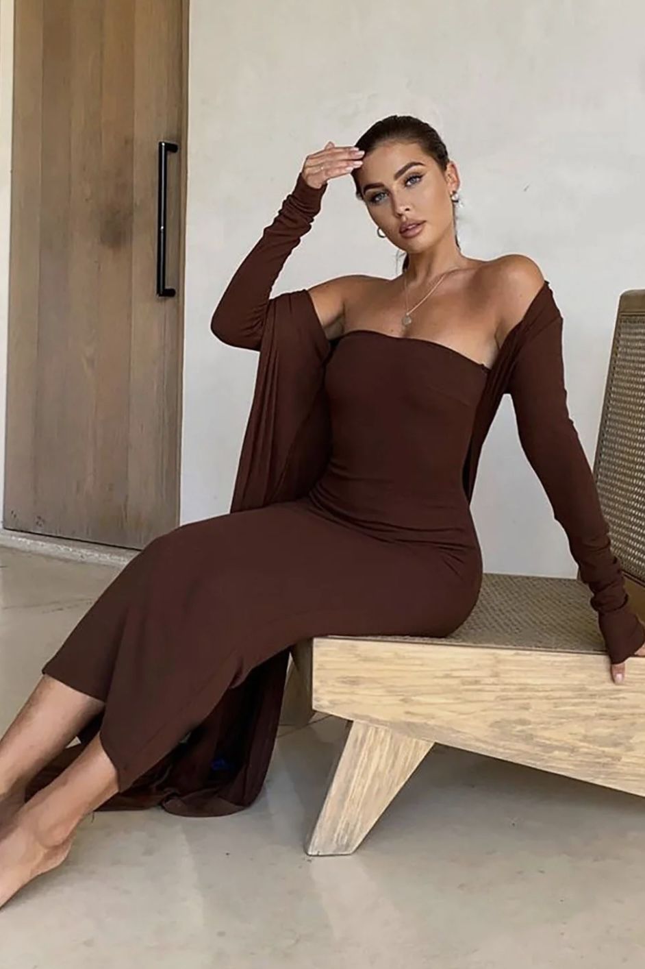 Brown 2 Piece Set Stretch Tube Dress And Matching Robe Lounge Dress Small
