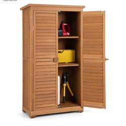 Outdoor Storage Cabinet, 63"" Wood Garden Tool Shed with Double Lockable Doors, 3 Shelves and Asphalt Roof, Multipurpose Storage Shed for Pati