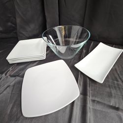 Modern White Serving Plates & 11” Glass Bowl Set – Entertaining / Catering