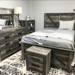 AP- Gray Crossbuck Panel Bedroom Set- 5-Piece (Bed, Dresser, Mirror, Nightstand, Chest)
Fast Delivery - Financing