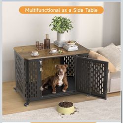 Dog Crate with Cushion, 38" Wood Heavy Duty Dog Crate Furniture with Flip Top & Wheels for High Anxiety Dog, 