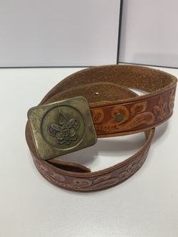 Vintage Boy/eagle Scout Tooled Leather Belt With Brass Belt Buckle 34”