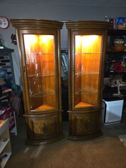 Pair of matching lighted corner curio cabinets, $300 for pair!