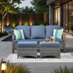 New OVIOS Heavy Duty 3 Pcs Patio Sofa Outdoor Sofa Patio Set Sectional Sofa Yard Porch, Grey Wicker, Denim Blue Cushion  New in box OGRS300L-1A *  * S