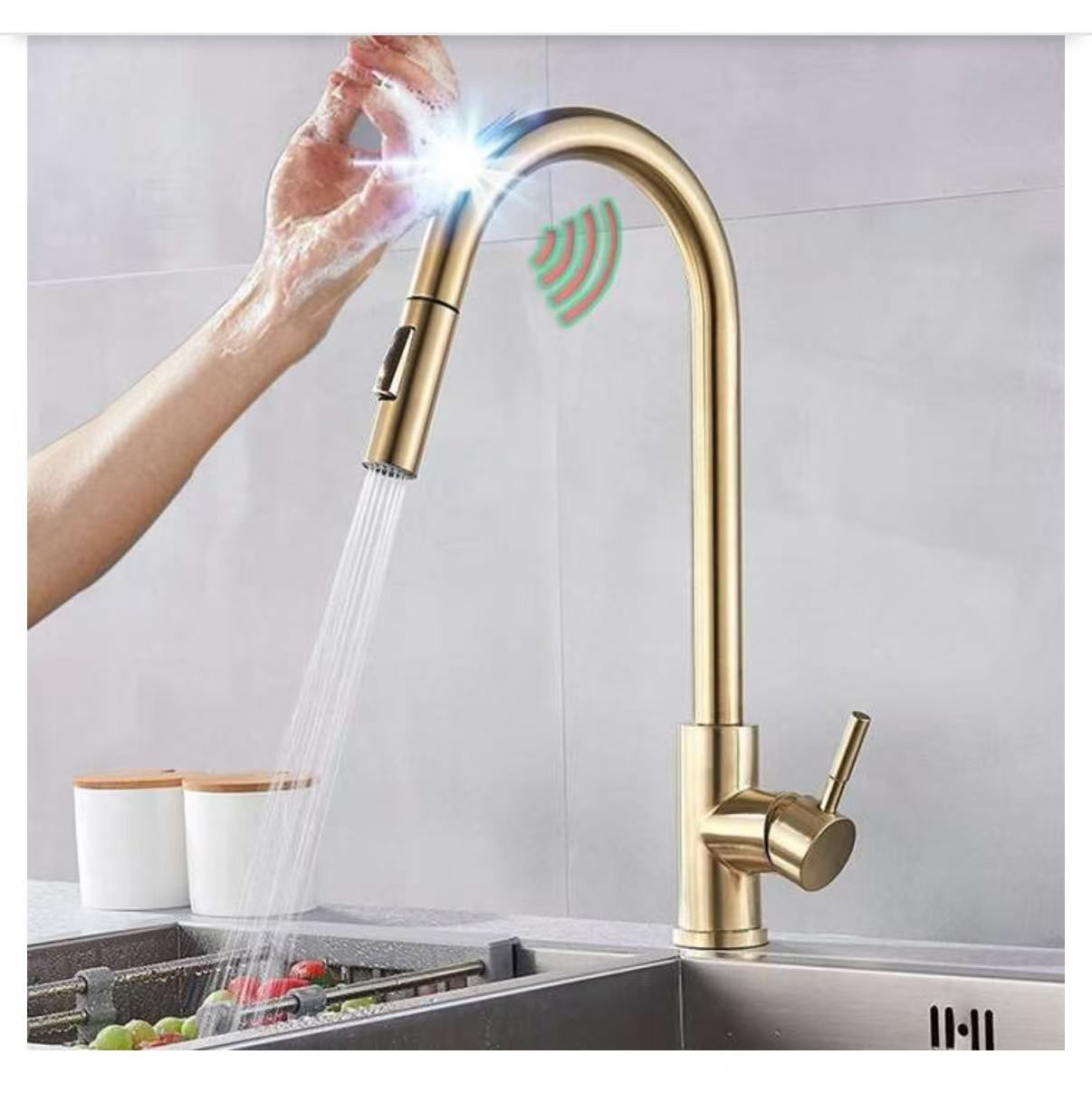 Water-Tap Sensor Kitchen Faucets, Brushed Gold Smart Touch Inductive Sensitive Faucetxer Tap Single Handle Dual Outlet Water Modes Sink Tap/Brushed Go