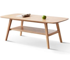 Assembled New Modern Solid Oak Wood Coffee Table 2-Tier Small Wooden Coffee Table with Storage Shelf