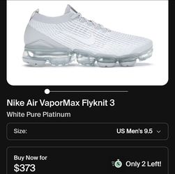 Nike Air VaporMax Flyknit 3
White Pure Platinum
Used
Size 9.5