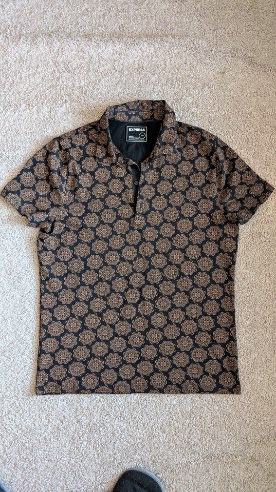 Express Men's Black & Brown Patterned Polo