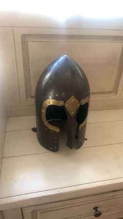 REPRODUCTION Medieval knights armored steel and brass helmet by Lough Heney with straps and liner