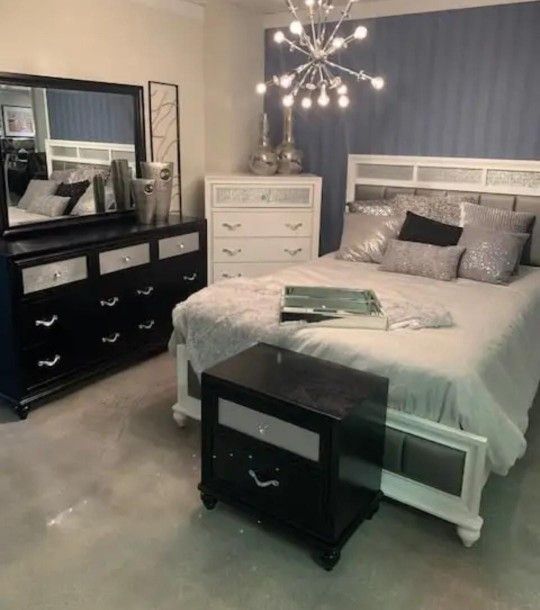 4 PCS Bedroom Set Queen or King Bed Dresser Nightstand Mirror Chest Options Barzini