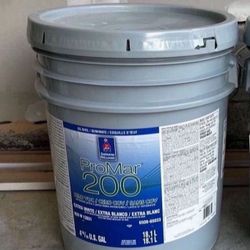 Interior Paint. Color Alabaster. Eggshell. Opened, Full 5 Bucket