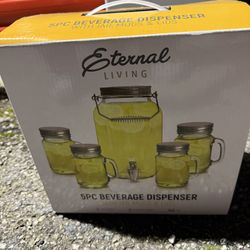 Eternal Living 5PC Beverage Tea Lemonade Mason Jar Dispenser, Mugs & Lids NIB