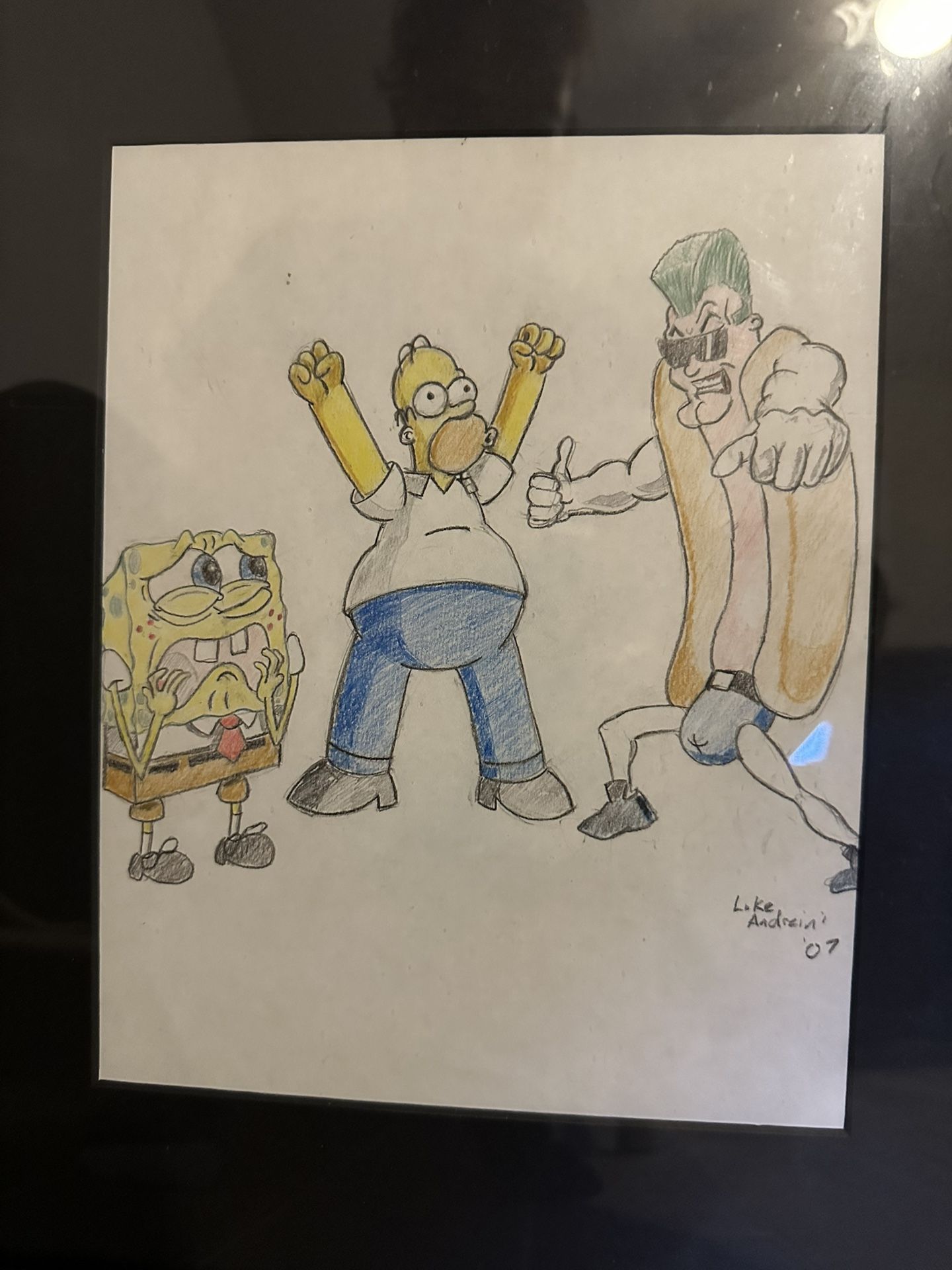 Framed Original Cartoon Crossover Drawing – Spongebob, Homer Simpson & Hotdog man (Signed by Artist)