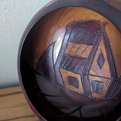 This is a vintage carved decorative wood bowl with house And Sailboats Design. In great vintage condition. See photos for details.