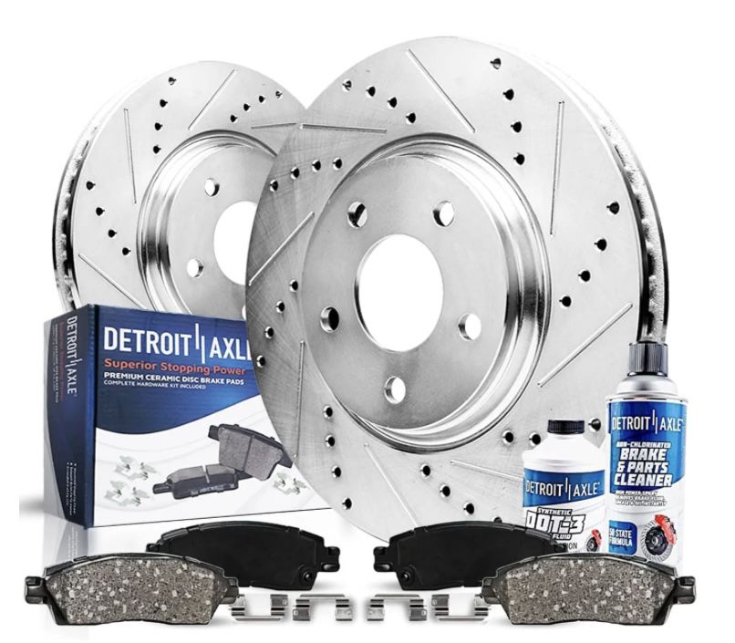 Detroit/Axle. Premium Drilled And Slotted Rotors With Brake Pads And Cleaning Solution..