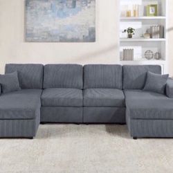 New Dark Or Light Gray Corduroy U Shaped Double Chaise Sectional Sofa Couch 