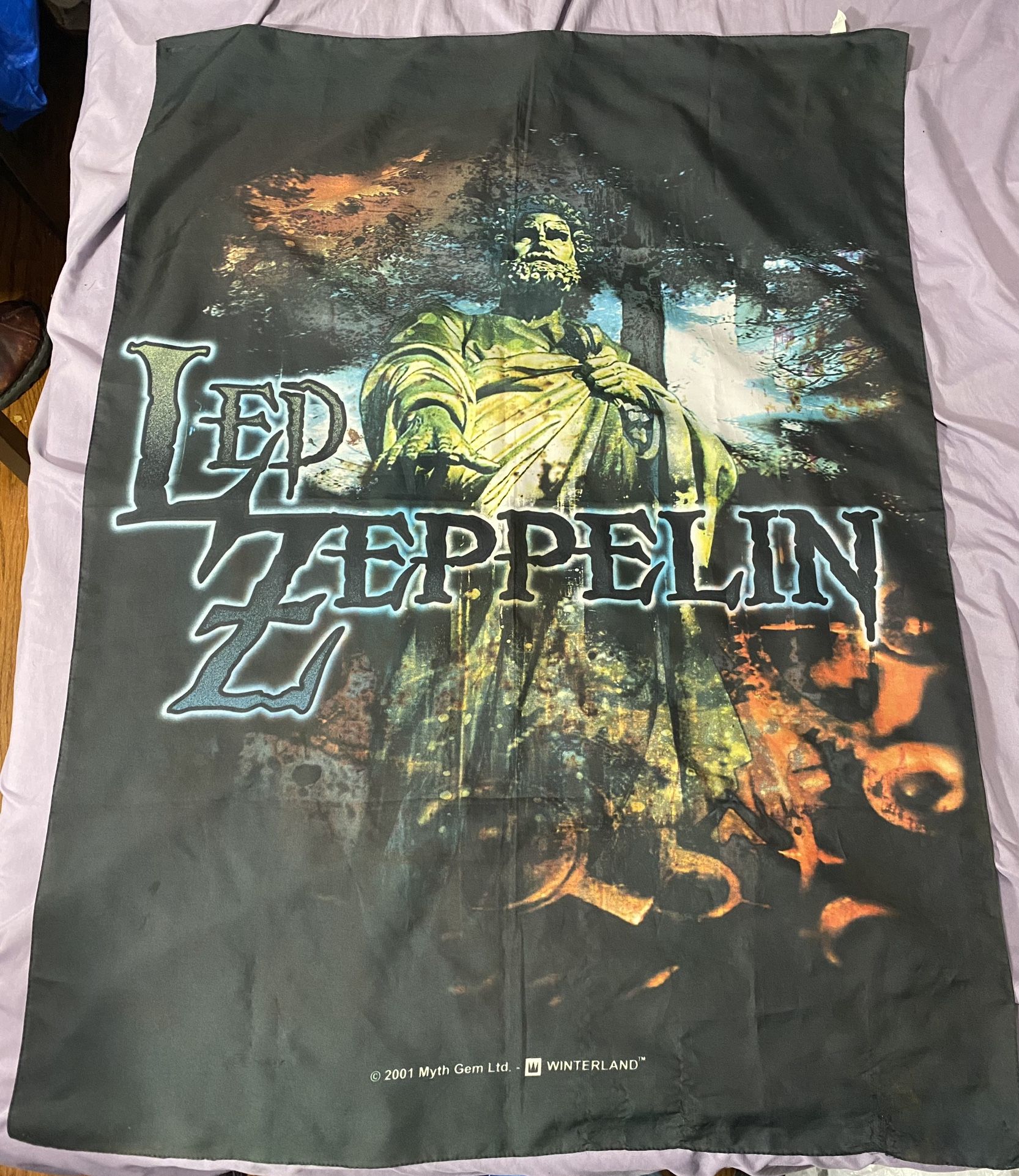 VTG Led Zeppelin 2001 Mythgem Wall Tapestry Black Metal Rock Cloth Made In Italy