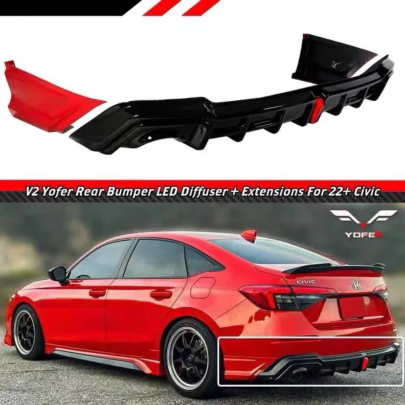 BRAND NEW 2022-2024 HONDA CIVIC SEDAN YOFER V2 RALLYE RED LED REAR DIFFUSER+ CORNER SPATS