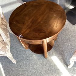 Dark Brown Round End Table W/ Low Profile Shelf As Is ( Wear & Tear)  SKU  DK9VC1